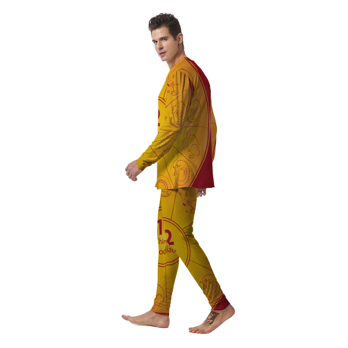 Chinese Zodiac Yellow And Red Print Men's Pajamas-grizzshop