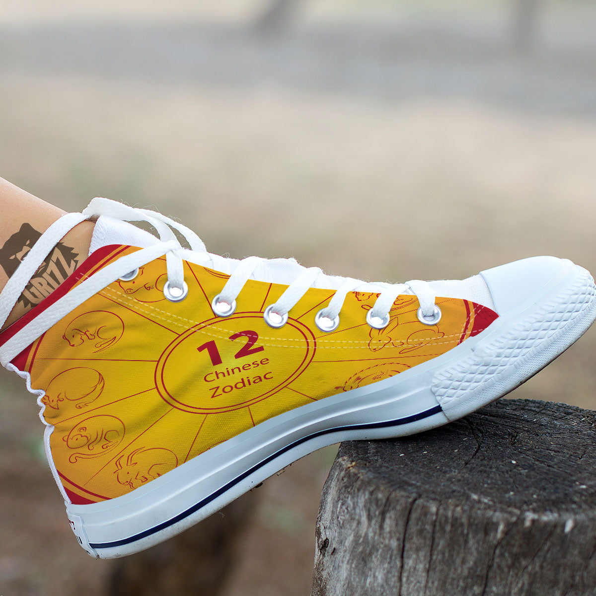 Chinese Zodiac Yellow And Red Print White High Top Shoes-grizzshop
