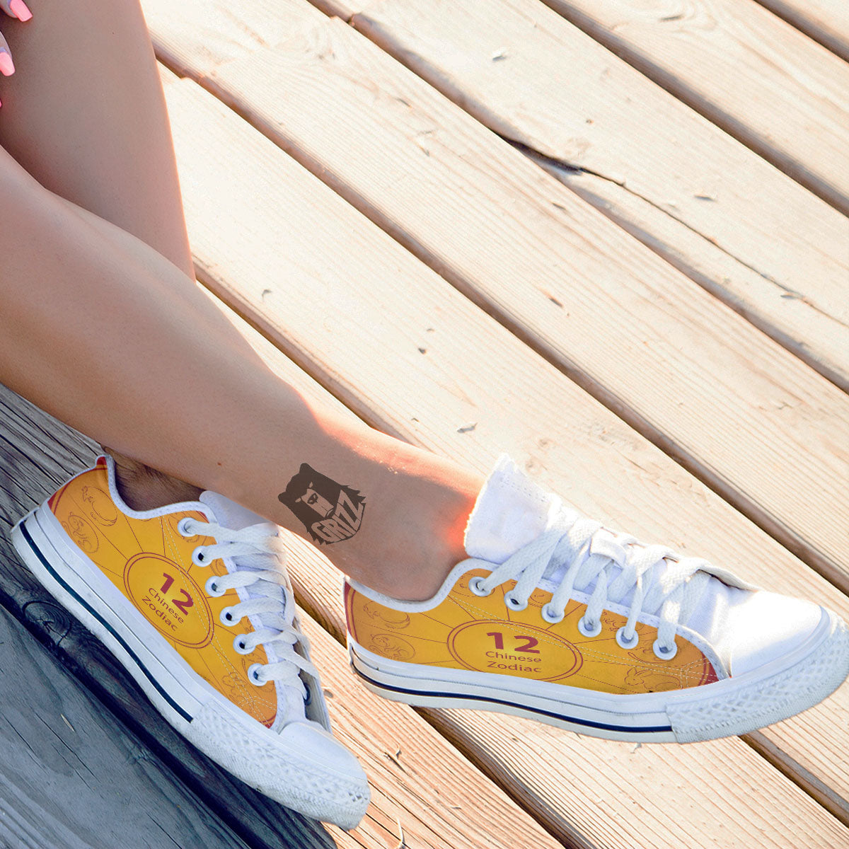 Chinese Zodiac Yellow And Red Print White Low Top Shoes-grizzshop