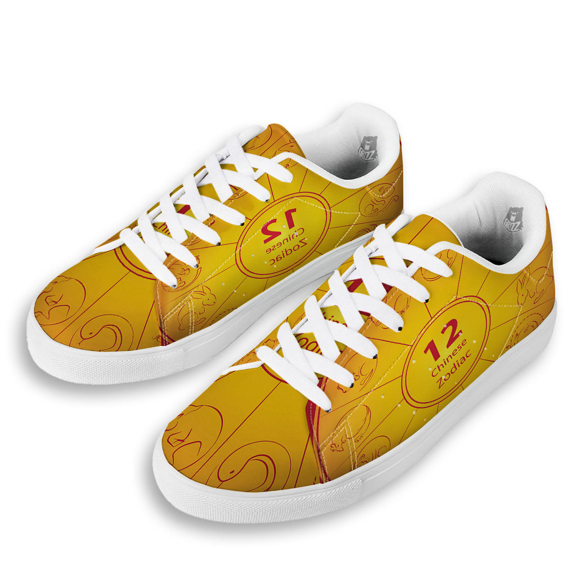 Chinese Zodiac Yellow And Red Print White Low Top Sneakers-grizzshop