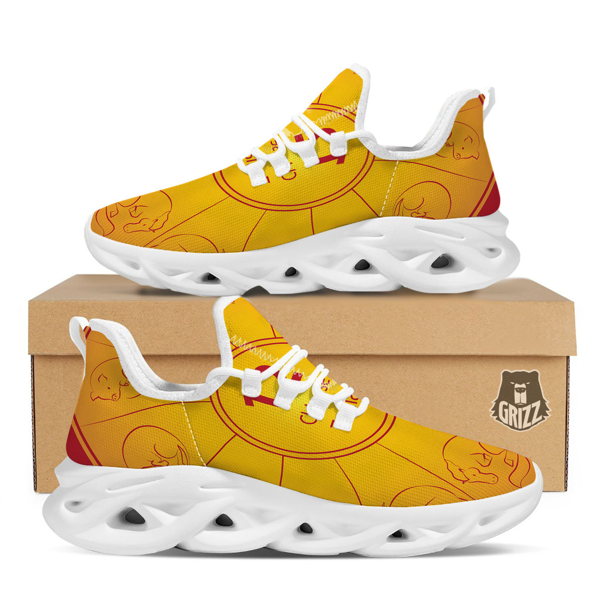 Chinese Zodiac Yellow And Red Print White Running Shoes-grizzshop