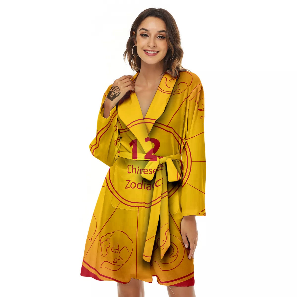 Chinese Zodiac Yellow And Red Print Women's Robe-grizzshop