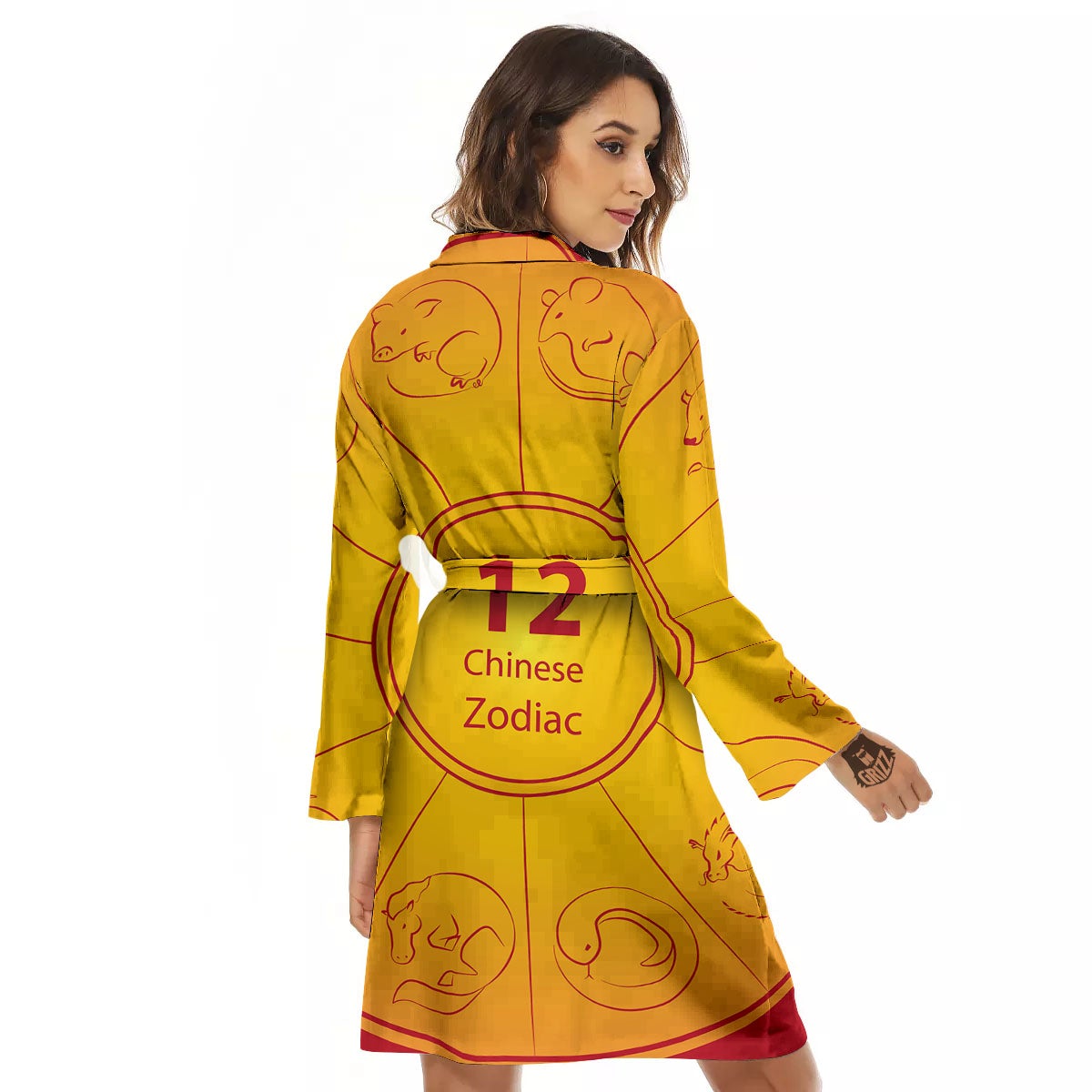 Chinese Zodiac Yellow And Red Print Women's Robe-grizzshop