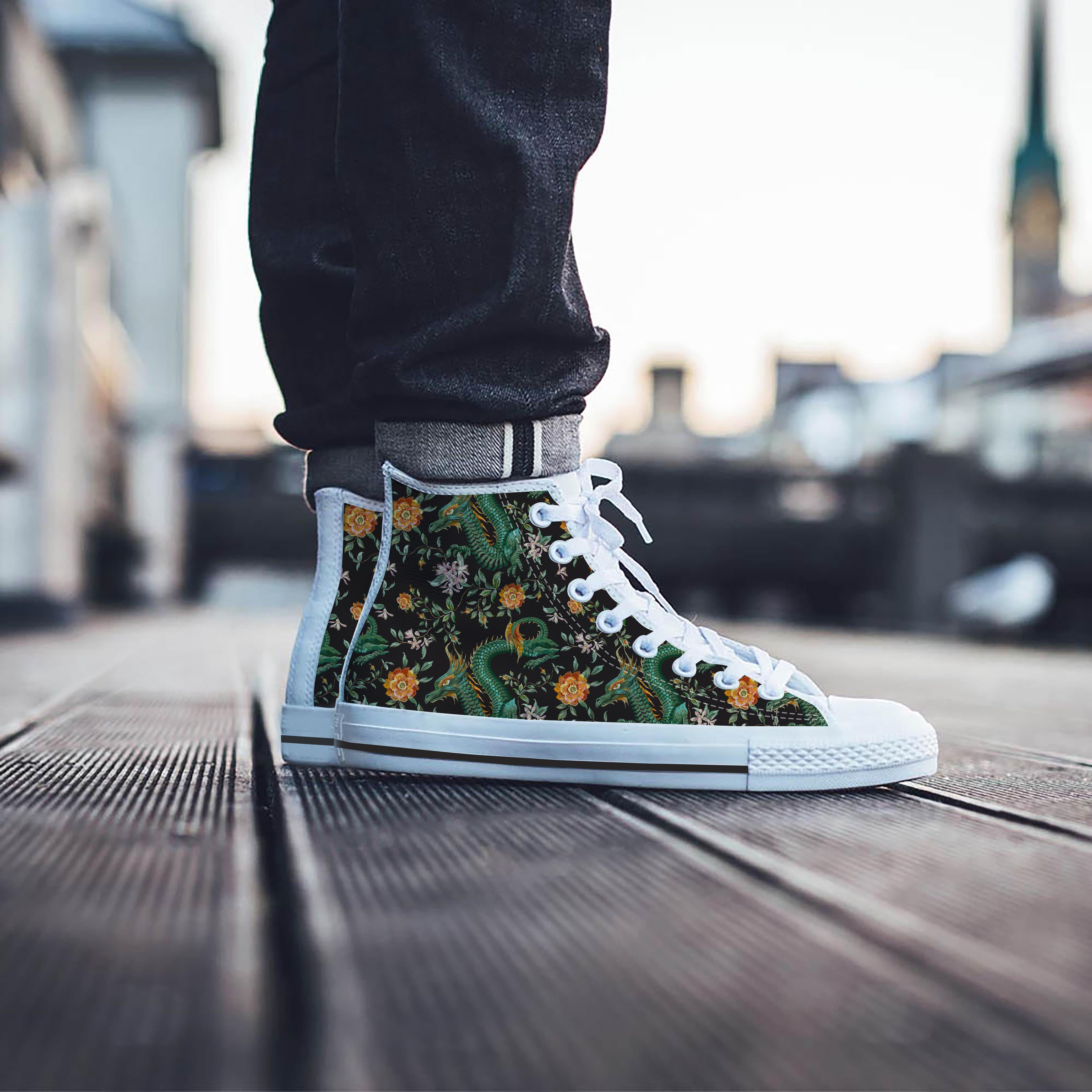 Chinese Green Dragon Print Men's High Top Shoes-grizzshop