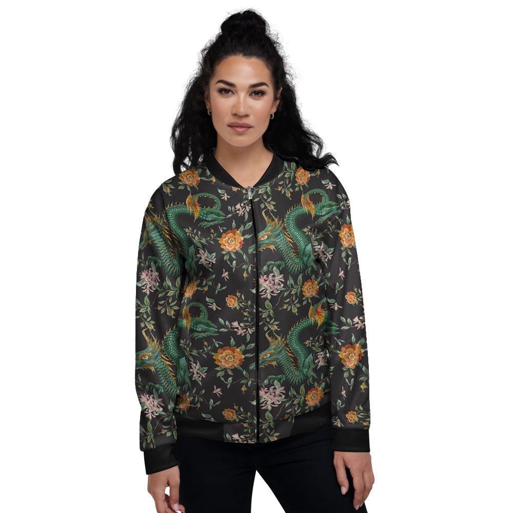 Chinese Green Dragon Print Women's Bomber Jacket-grizzshop
