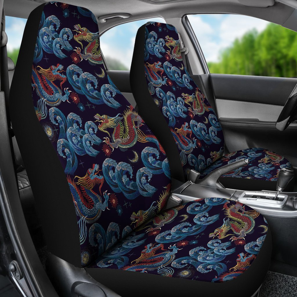 Chinese Wave Dragon Pattern Print Universal Fit Car Seat Cover-grizzshop