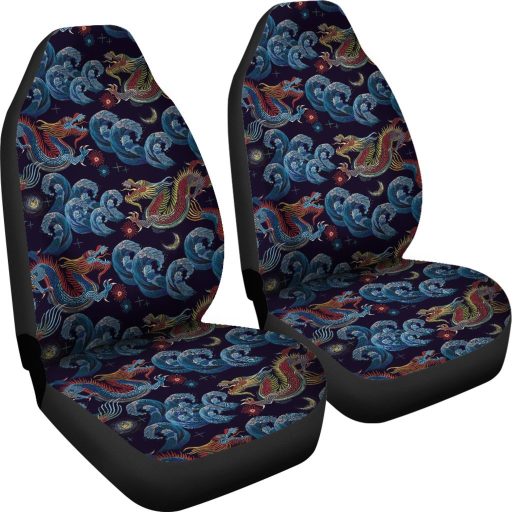 Chinese Wave Dragon Pattern Print Universal Fit Car Seat Cover-grizzshop