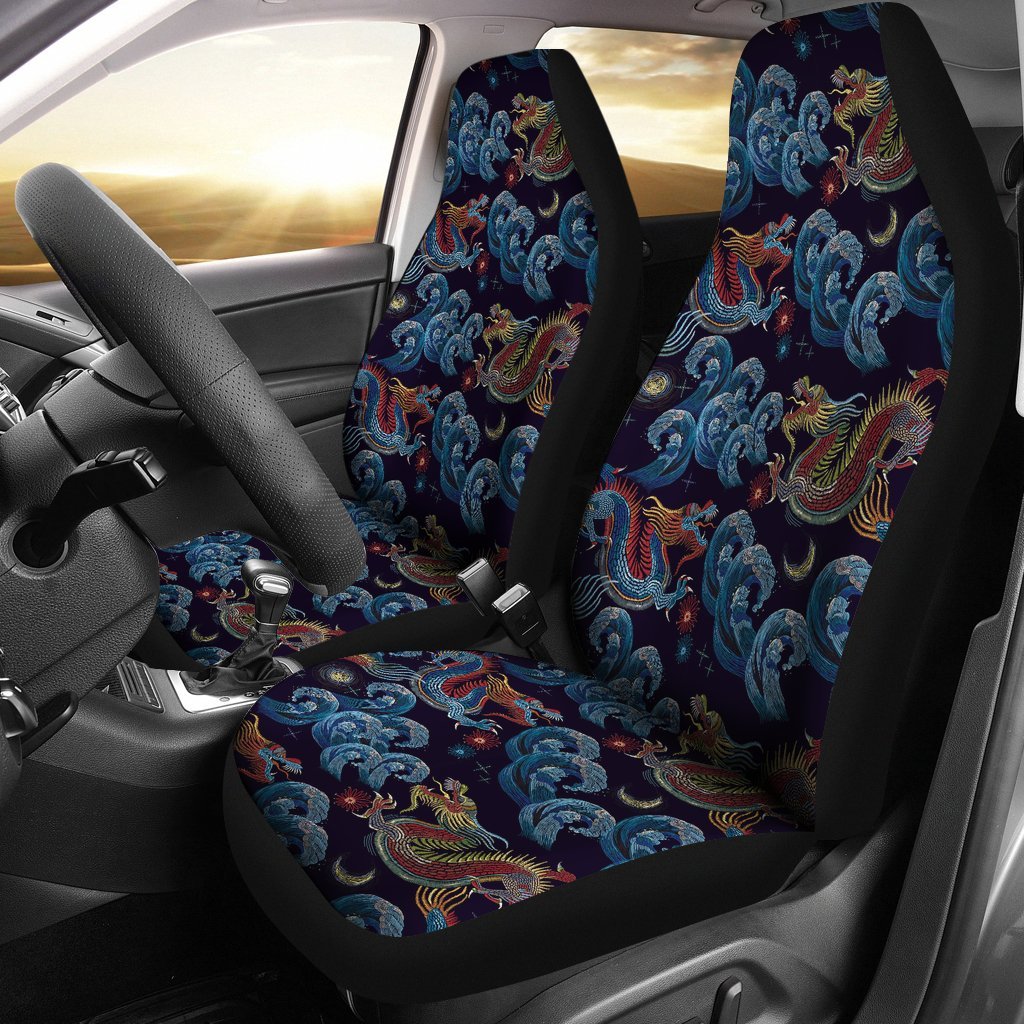 Chinese Wave Dragon Pattern Print Universal Fit Car Seat Cover-grizzshop