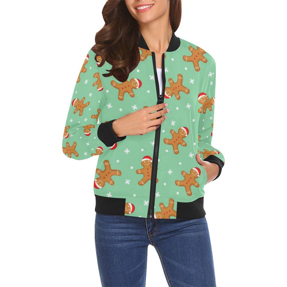 Chirstmas Gingerbread Man Pattern Print Women Casual Bomber Jacket-grizzshop