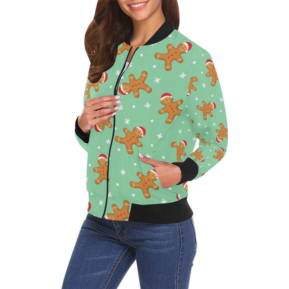 Chirstmas Gingerbread Man Pattern Print Women Casual Bomber Jacket-grizzshop