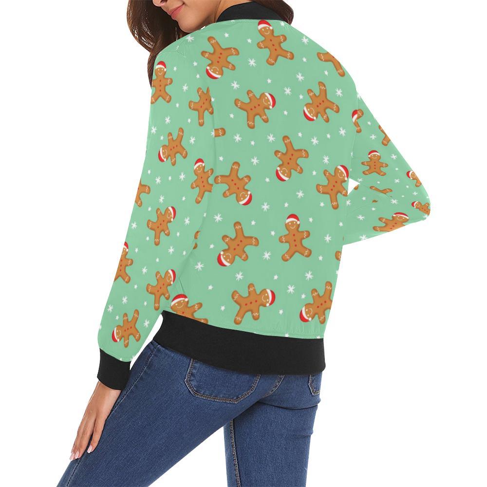 Chirstmas Gingerbread Man Pattern Print Women Casual Bomber Jacket-grizzshop