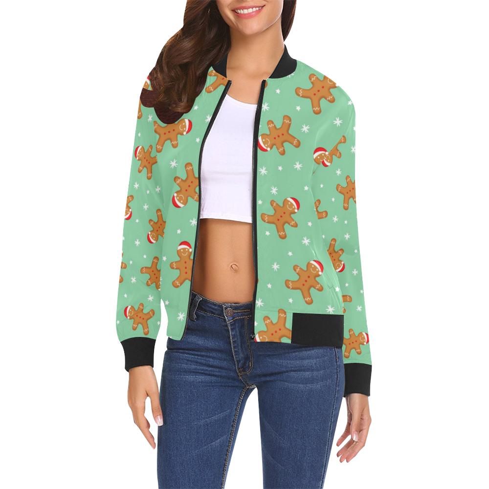 Chirstmas Gingerbread Man Pattern Print Women Casual Bomber Jacket-grizzshop
