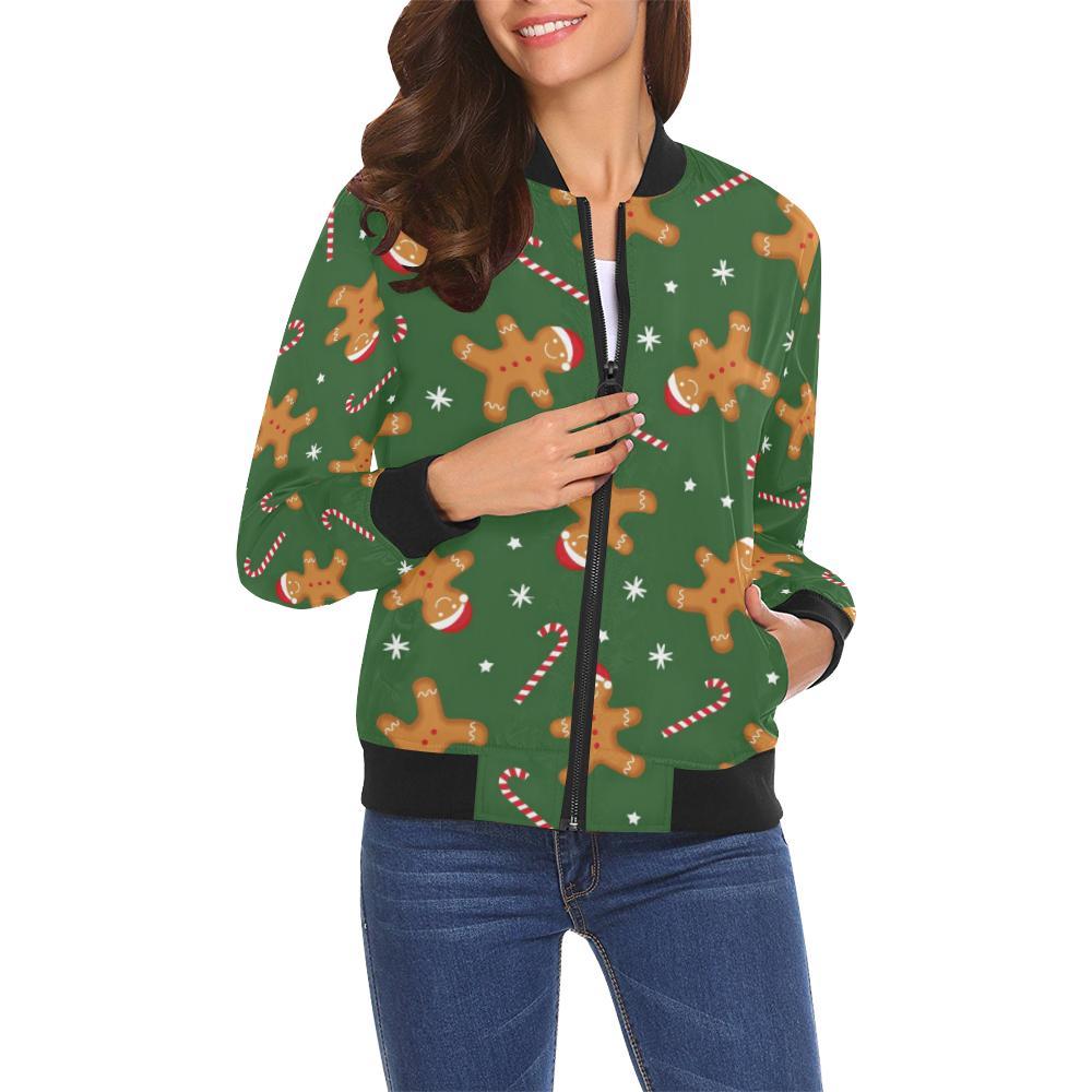 Chirstmas Gingerbread Man Print Pattern Women Casual Bomber Jacket-grizzshop