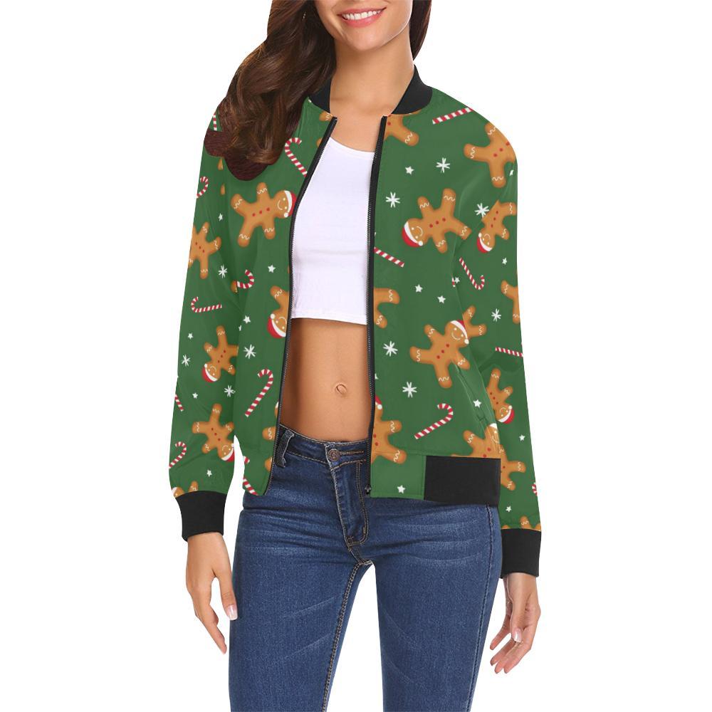 Chirstmas Gingerbread Man Print Pattern Women Casual Bomber Jacket-grizzshop
