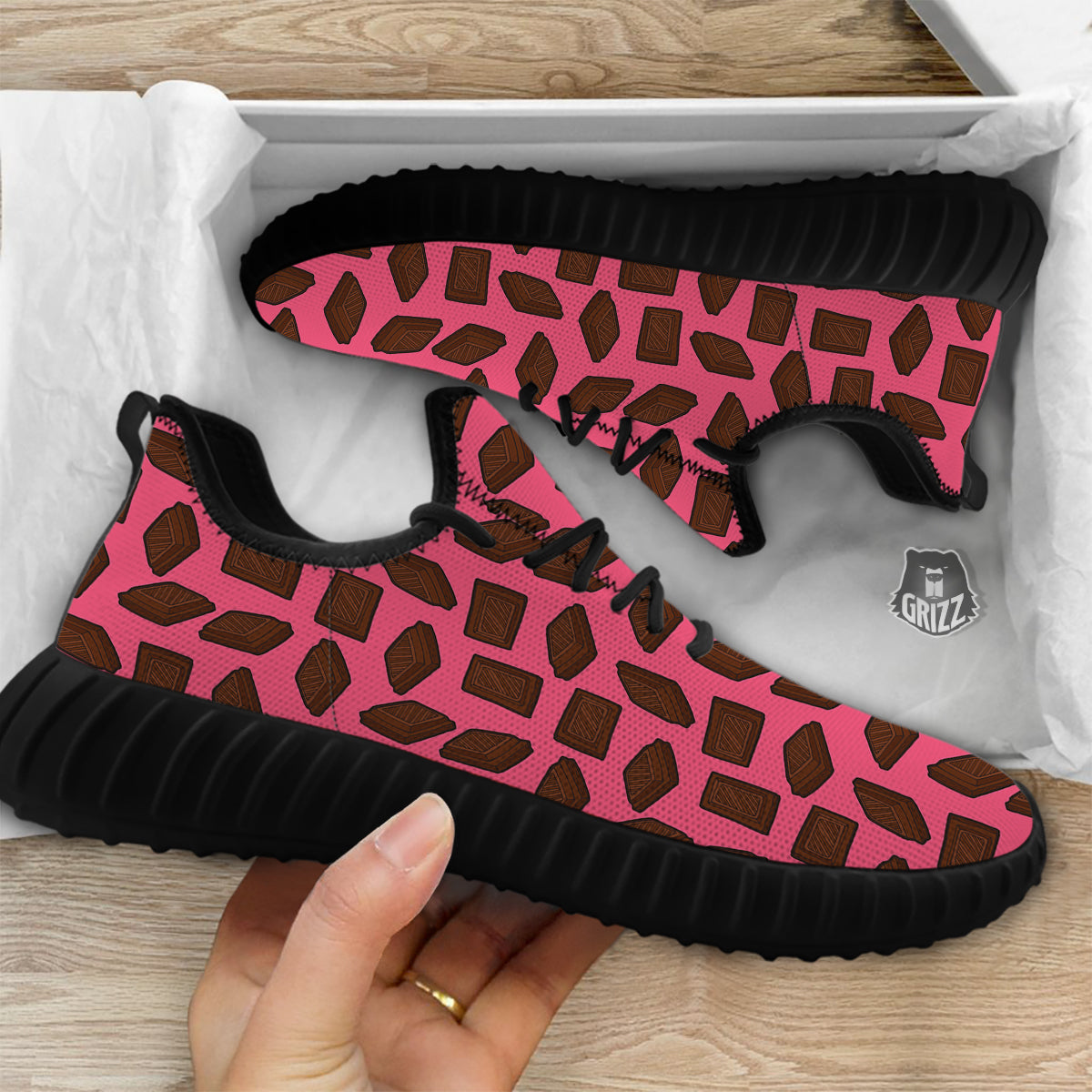 Chocolate And Pink Print Pattern Black Walking Shoes-grizzshop