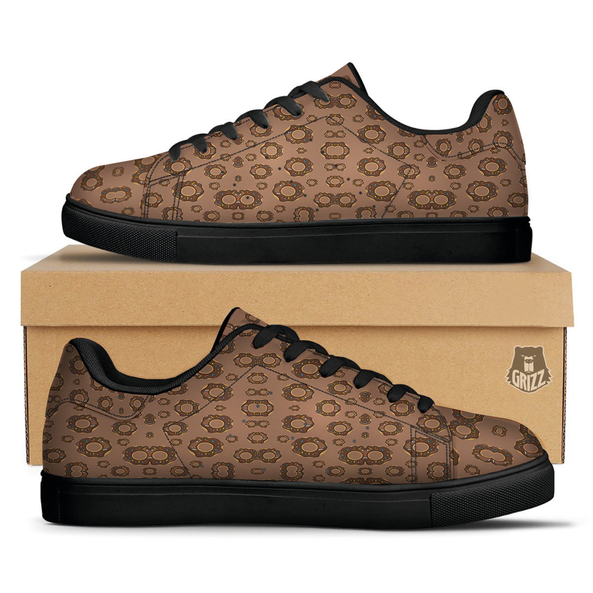Chocolate Donuts Print Pattern Black Low Top Sneakers-grizzshop
