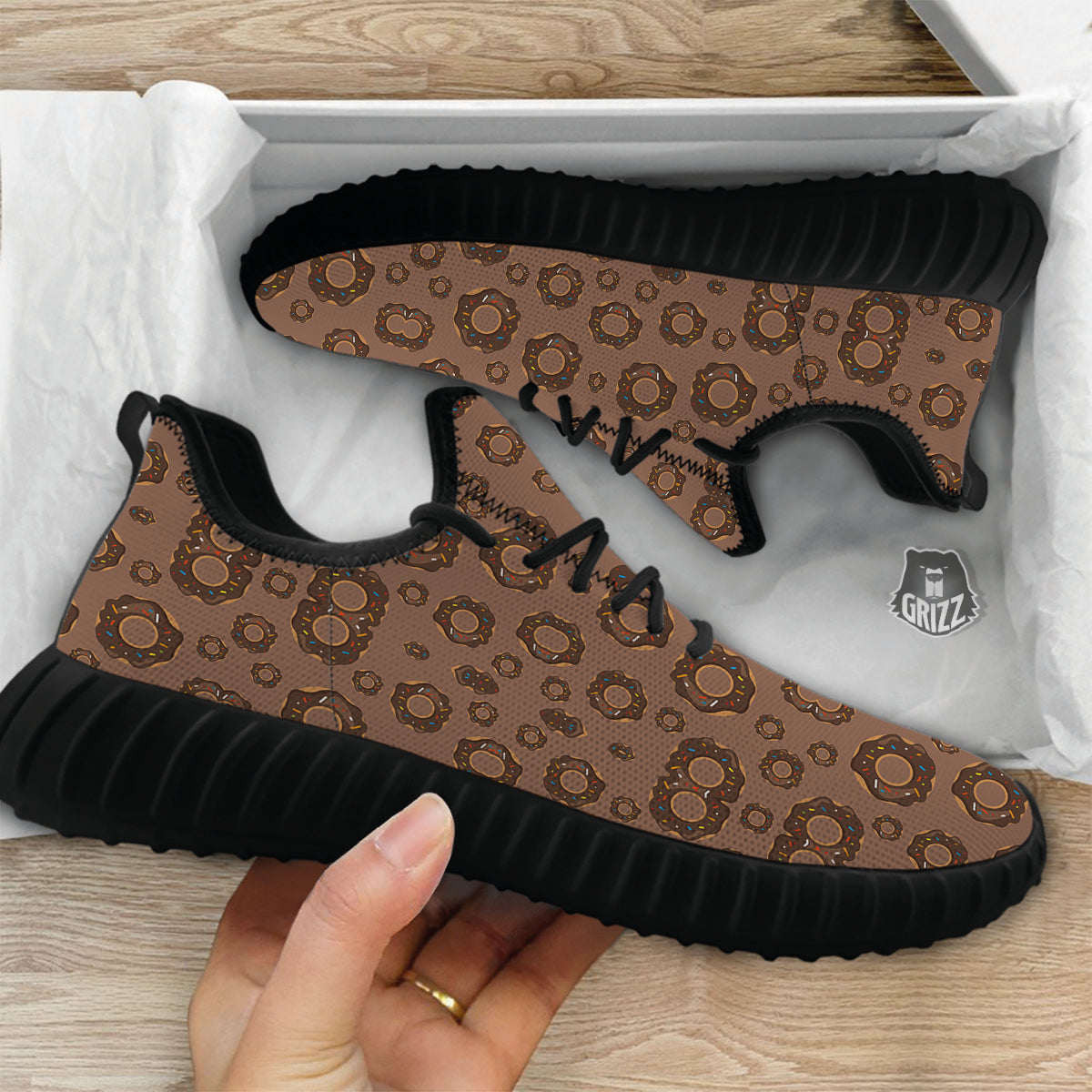 Chocolate Donuts Print Pattern Black Walking Shoes-grizzshop