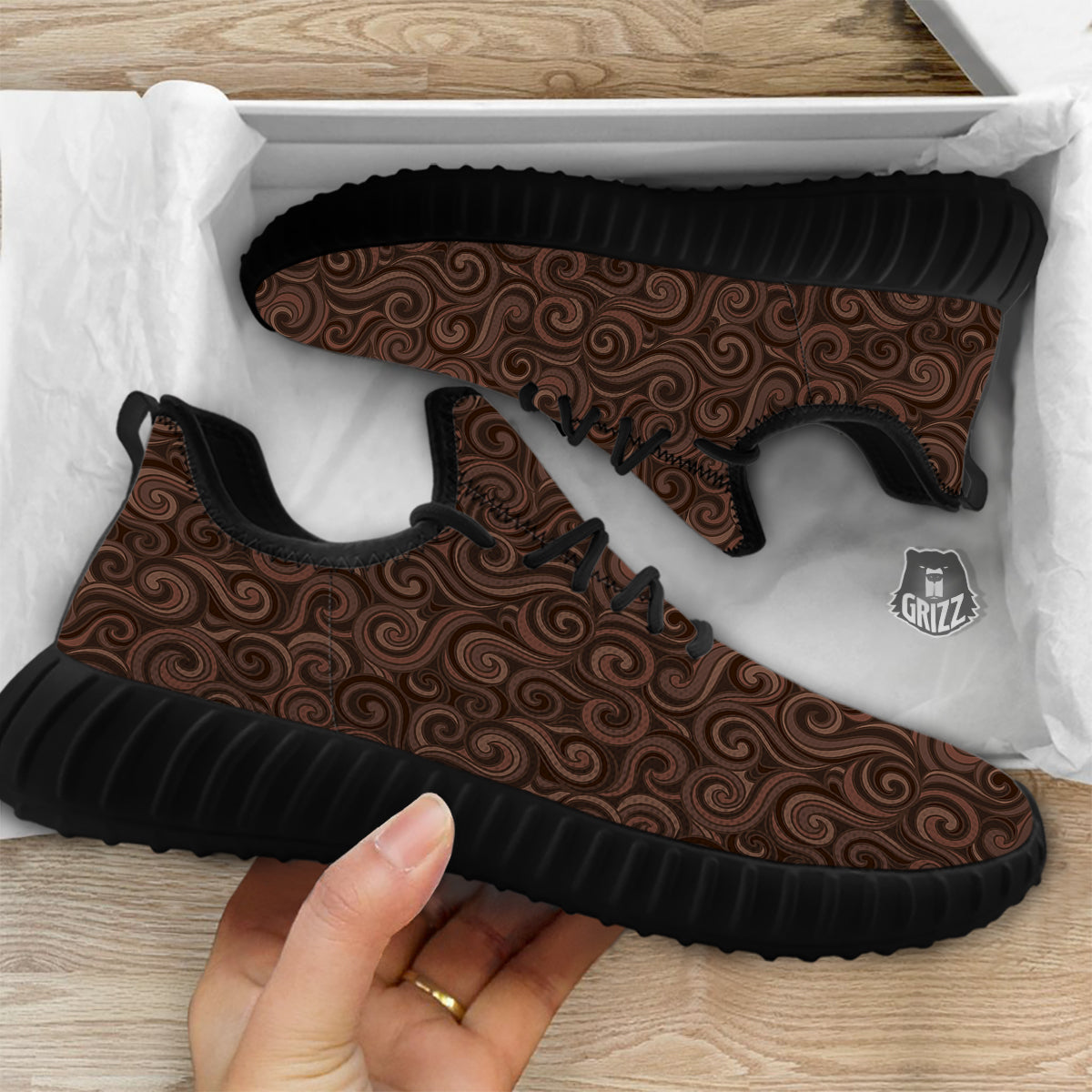 Chocolate Texture Brown Print Pattern Black Walking Shoes-grizzshop