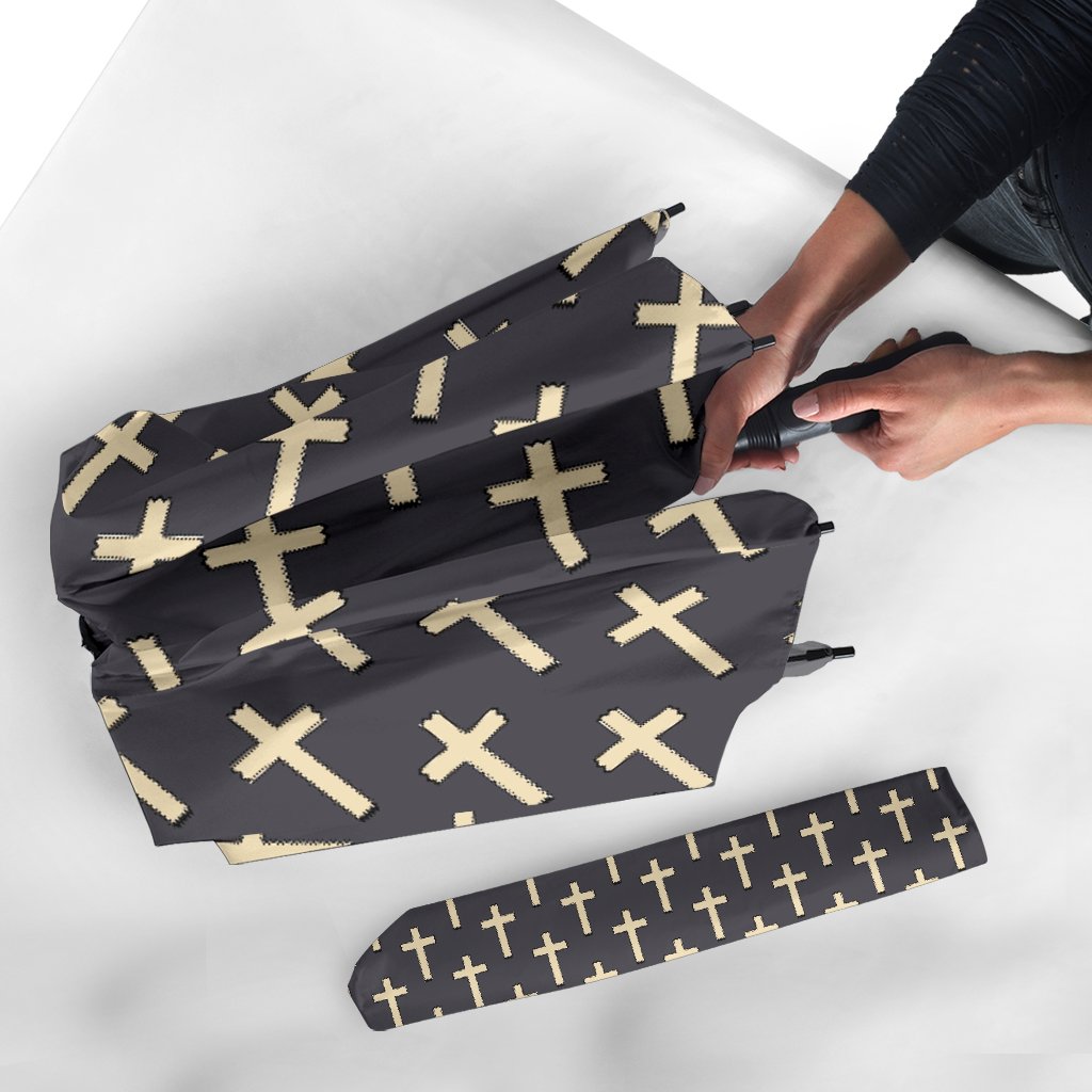 Christian Cross Pattern Print Automatic Foldable Umbrella-grizzshop