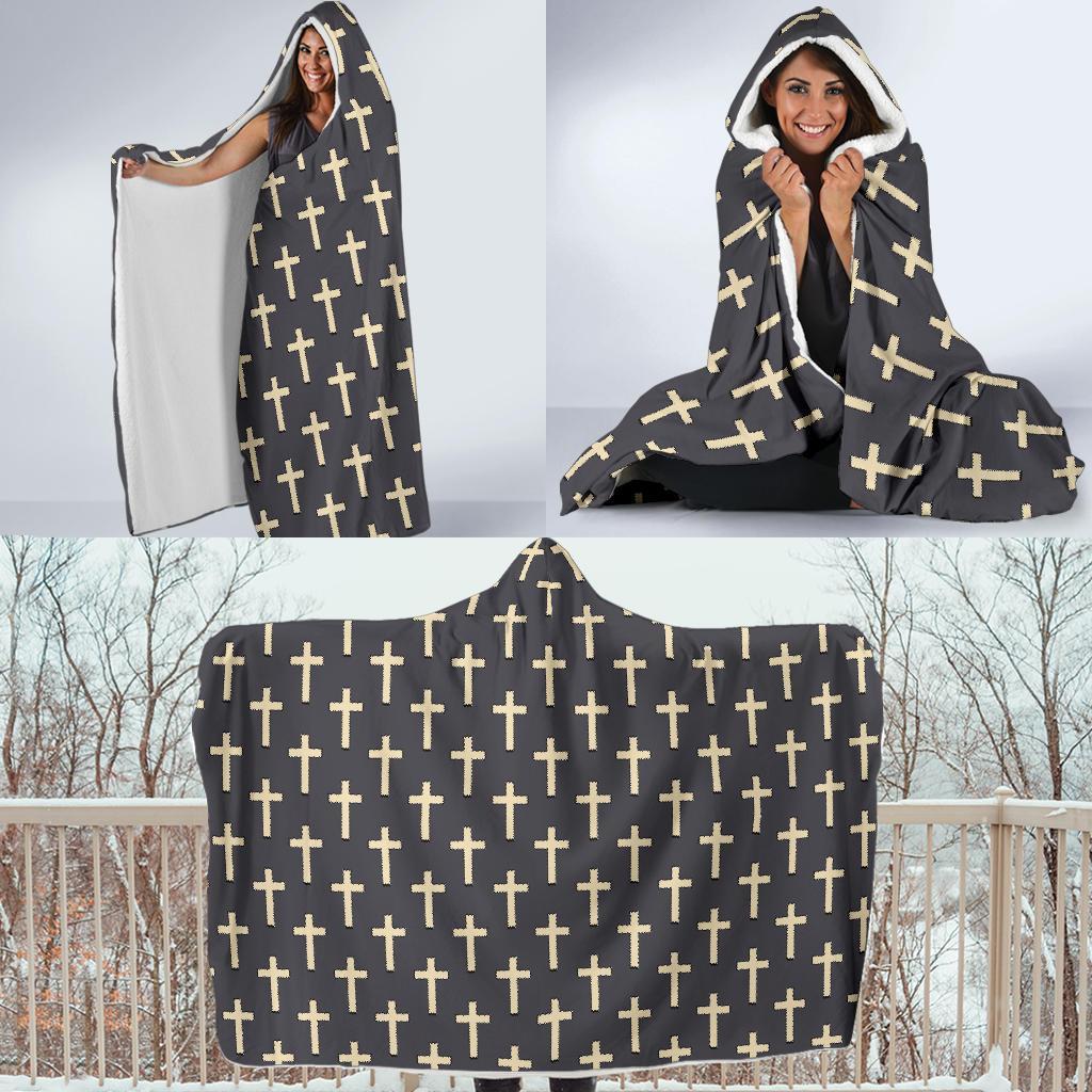 Christian Cross Pattern Print Hooded Blanket-grizzshop