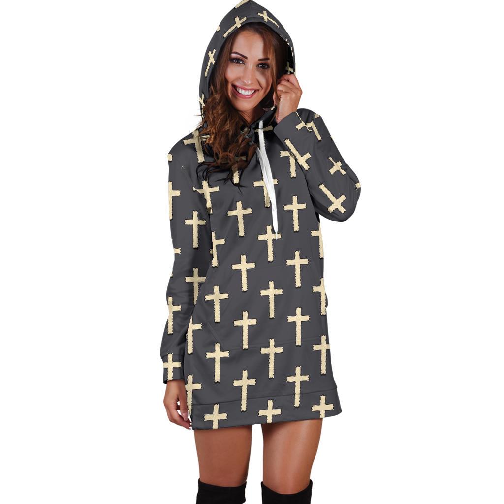 Christian Cross Pattern Print Women Hoodie Dress-grizzshop
