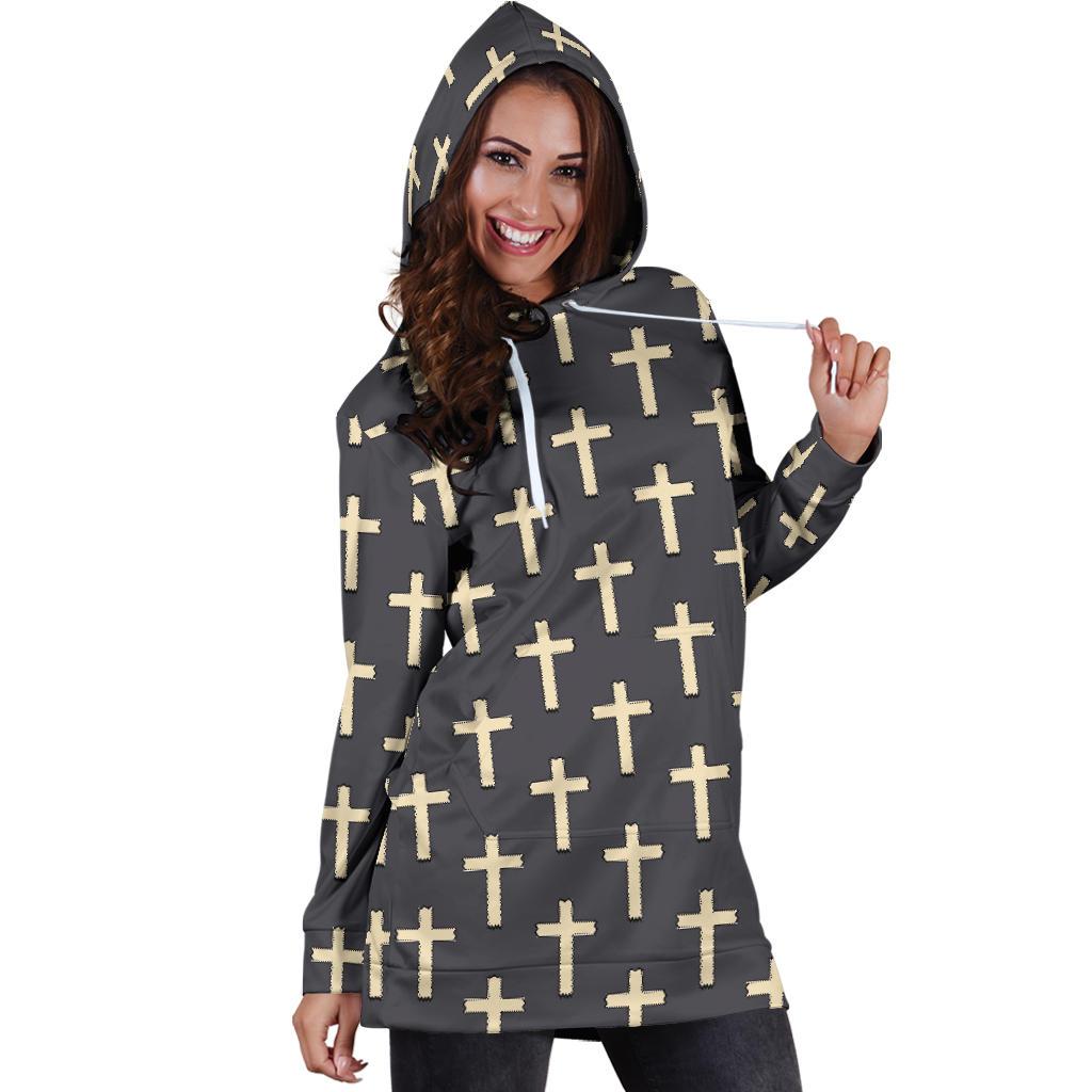 Christian Cross Pattern Print Women Hoodie Dress-grizzshop