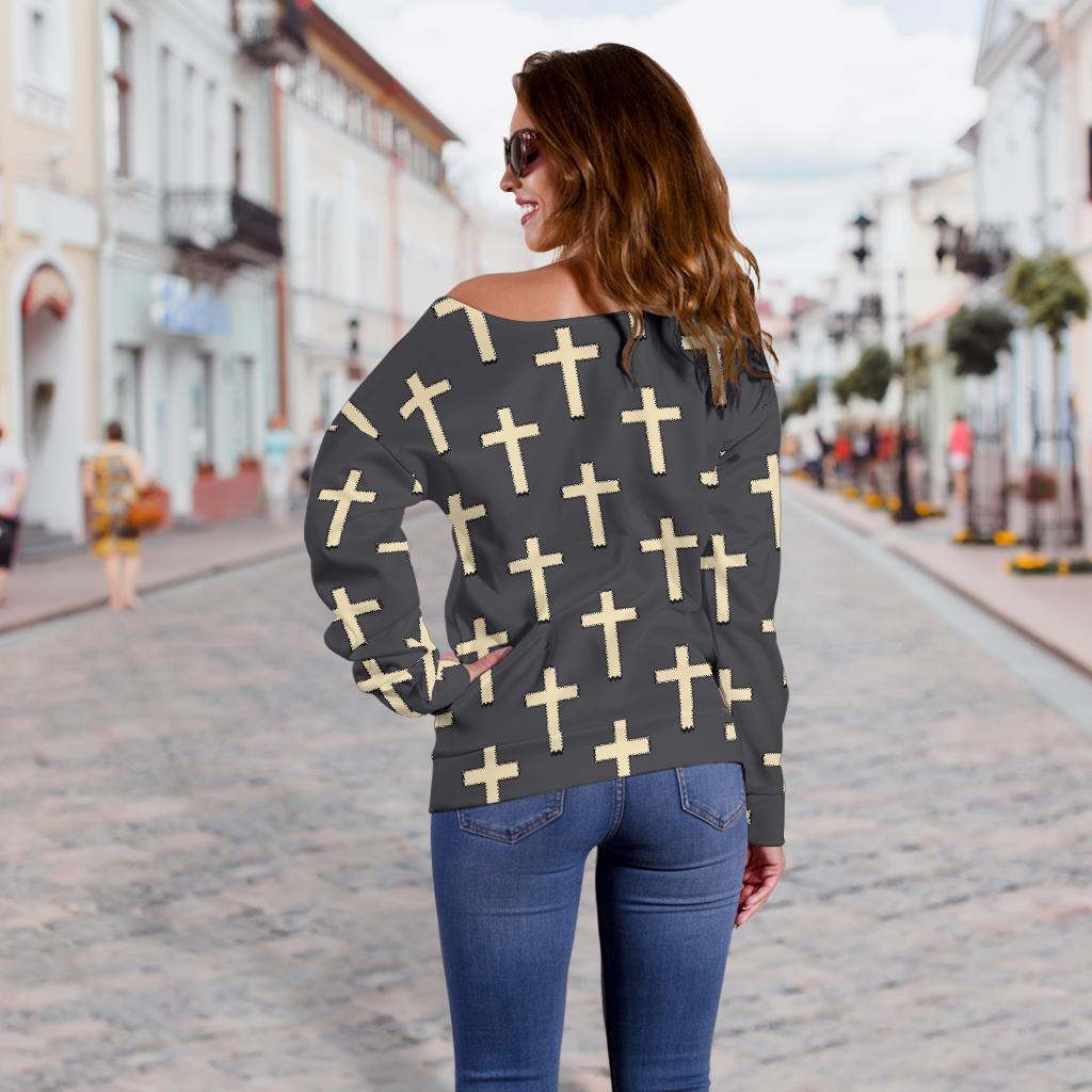 Christian Cross Pattern Print Women Off Shoulder Sweatshirt-grizzshop