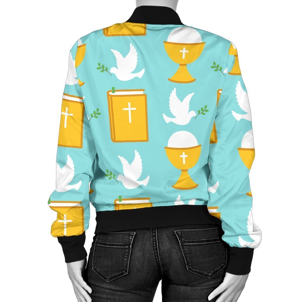 Christian Dove Pattern Print Women Casual Bomber Jacket-grizzshop