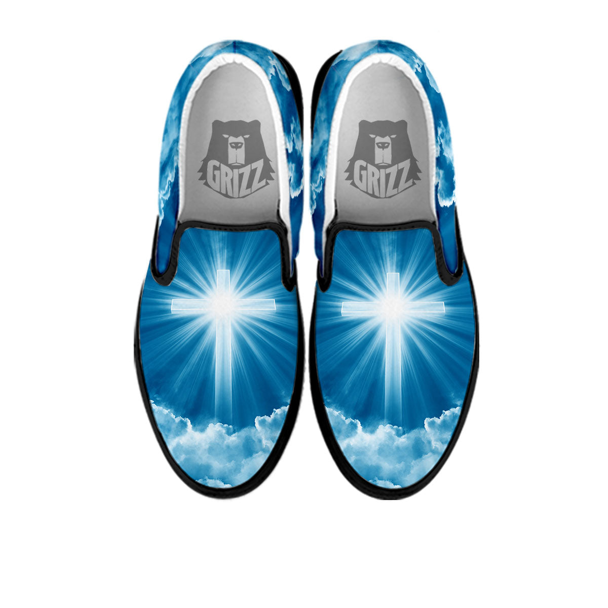 Christian Holy Cross Shiny Print Black Slip On Shoes-grizzshop