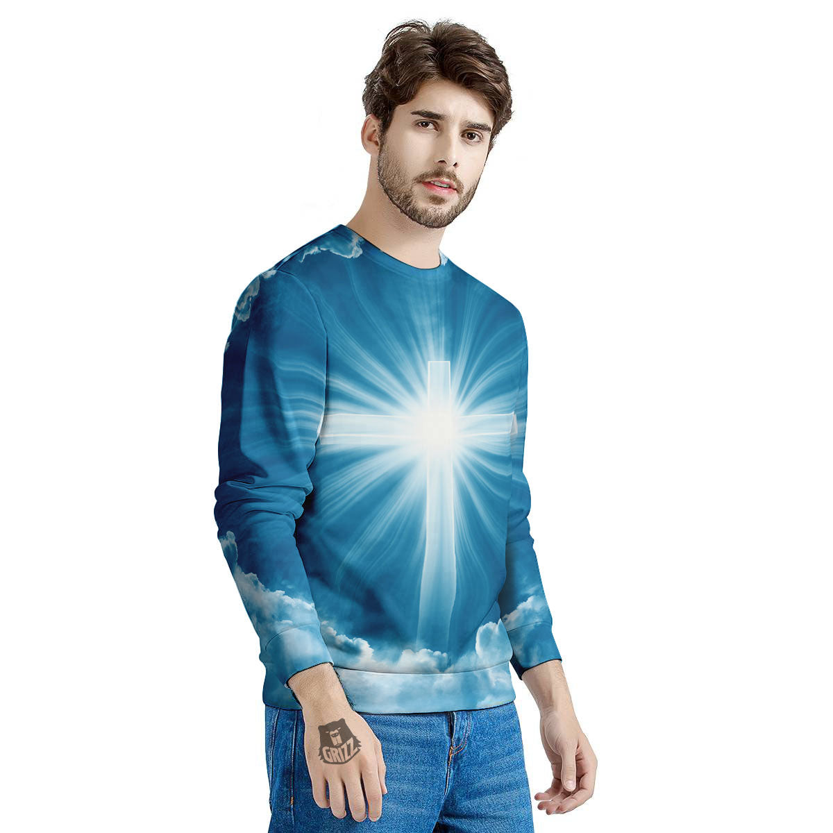 Christian Holy Cross Shiny Print Men's Sweatshirt-grizzshop