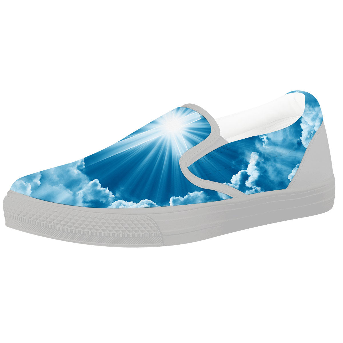 Christian Holy Cross Shiny Print White Slip On Shoes-grizzshop
