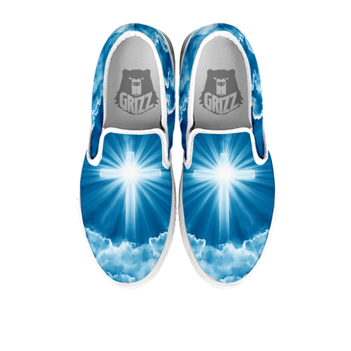 Christian Holy Cross Shiny Print White Slip On Shoes-grizzshop