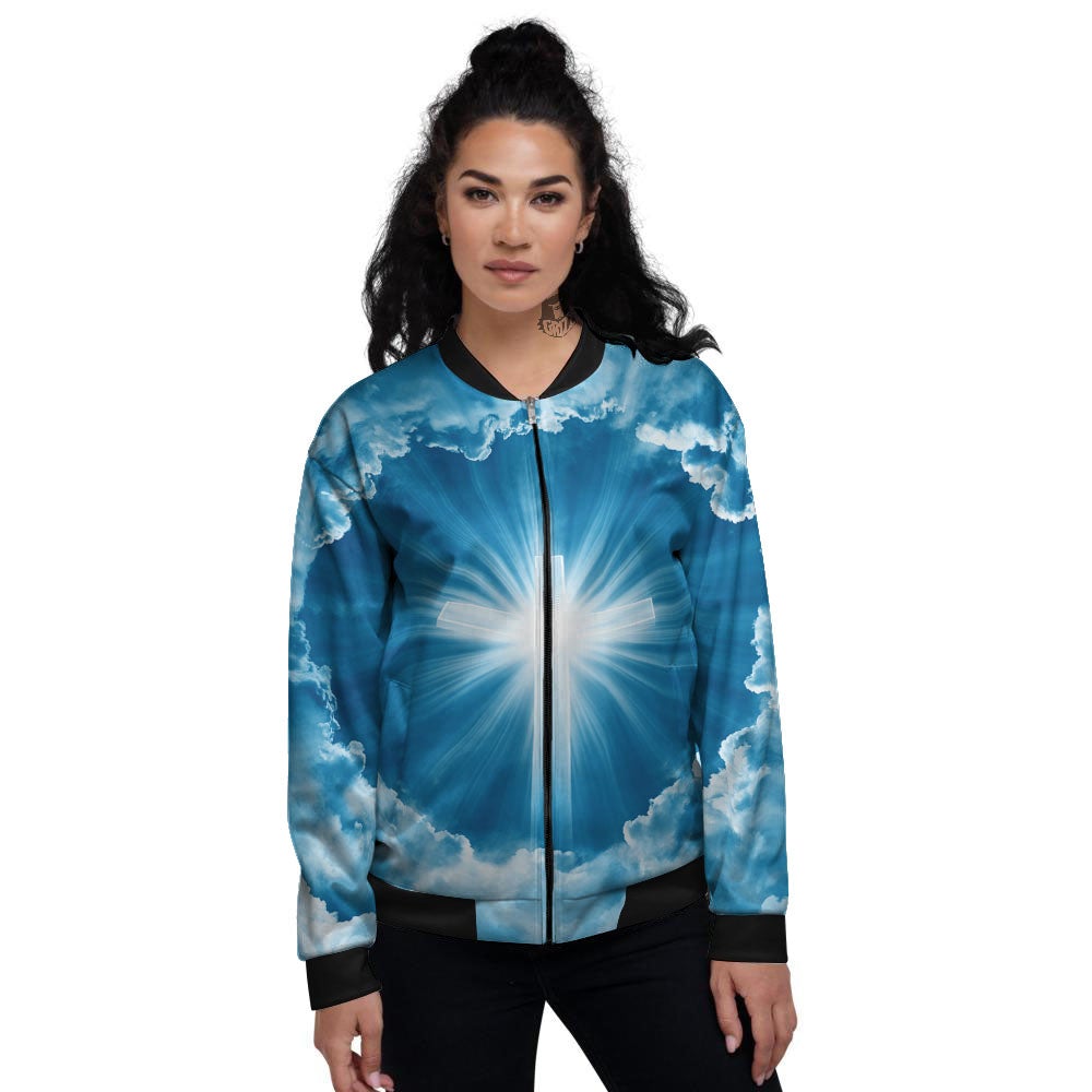 Christian Holy Cross Shiny Print Women's Bomber Jacket-grizzshop
