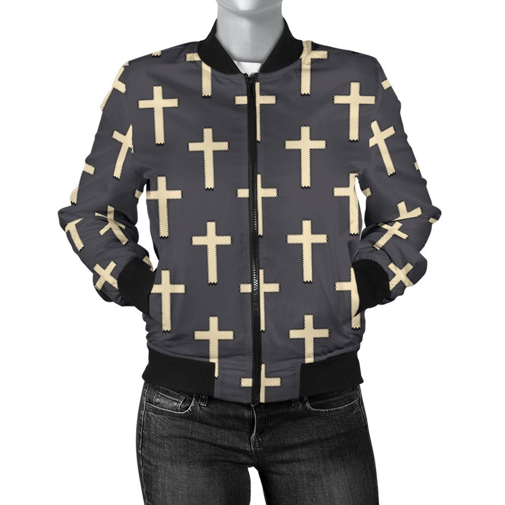 Christian Cross Pattern Print Women Casual Bomber Jacket-grizzshop