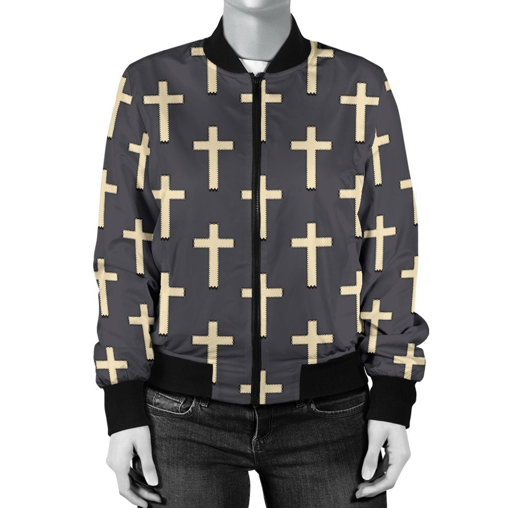 Christian Cross Pattern Print Women Casual Bomber Jacket-grizzshop