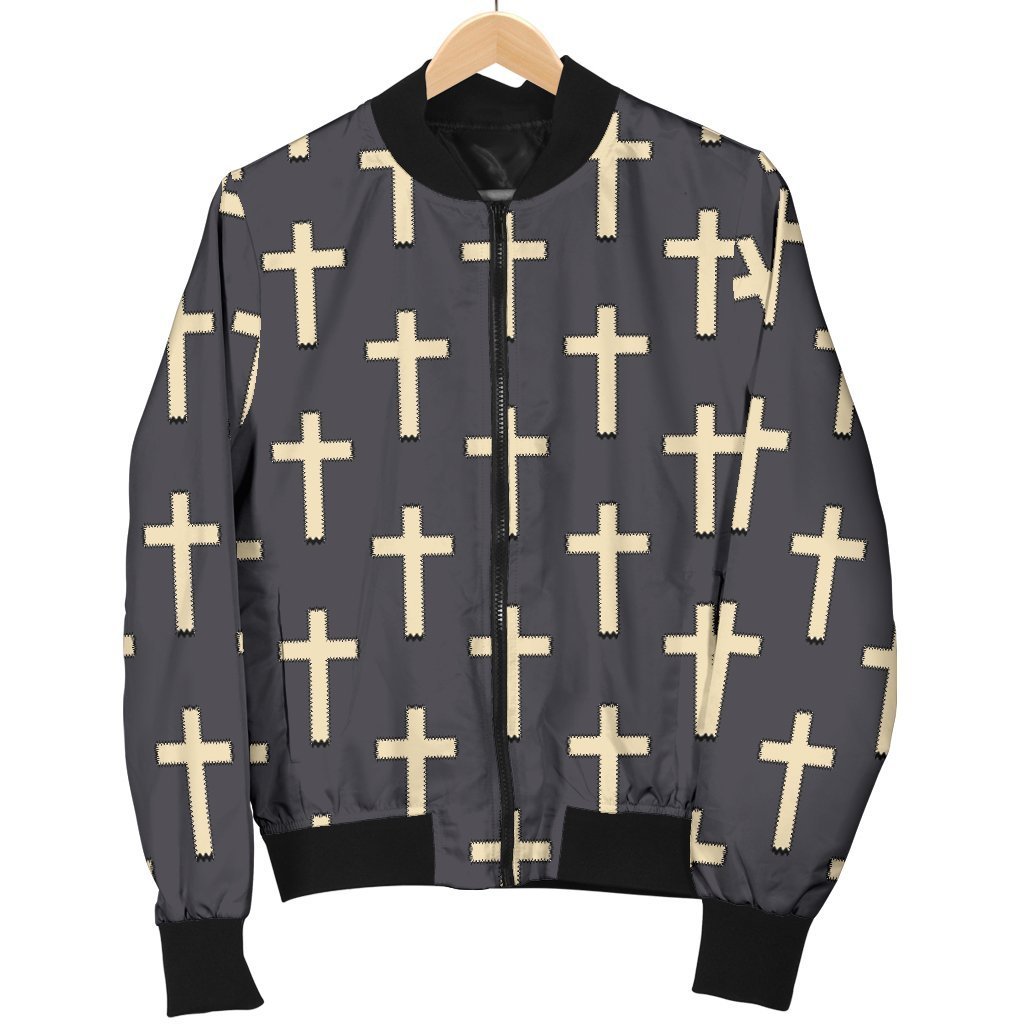 Christian Cross Pattern Print Women Casual Bomber Jacket-grizzshop