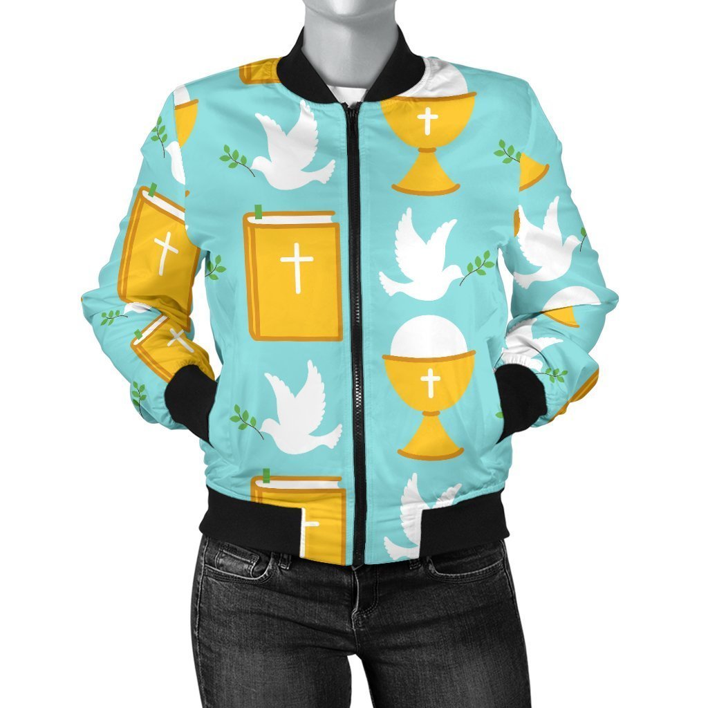 Christian Dove Pattern Print Women Casual Bomber Jacket-grizzshop