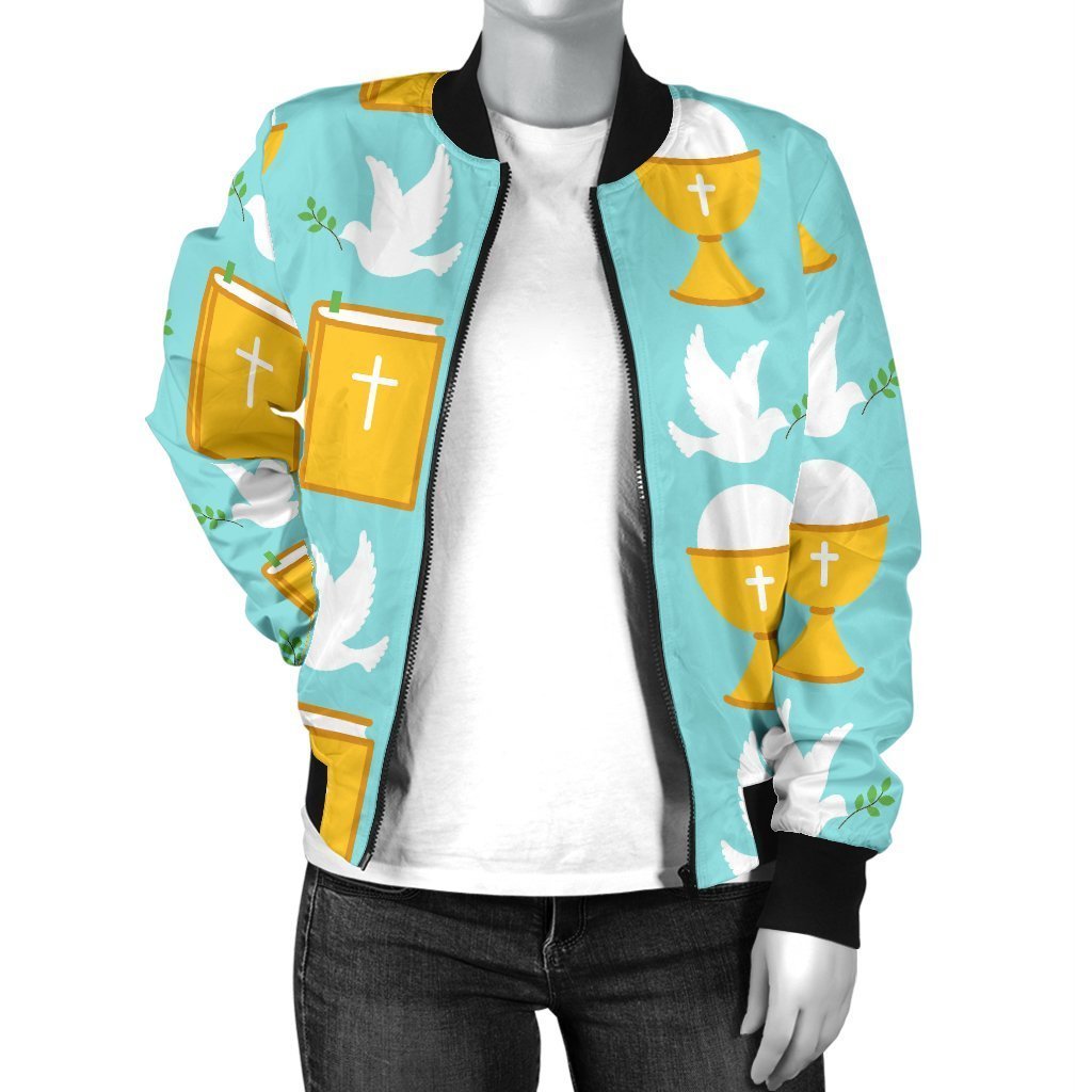 Christian Dove Pattern Print Women Casual Bomber Jacket-grizzshop