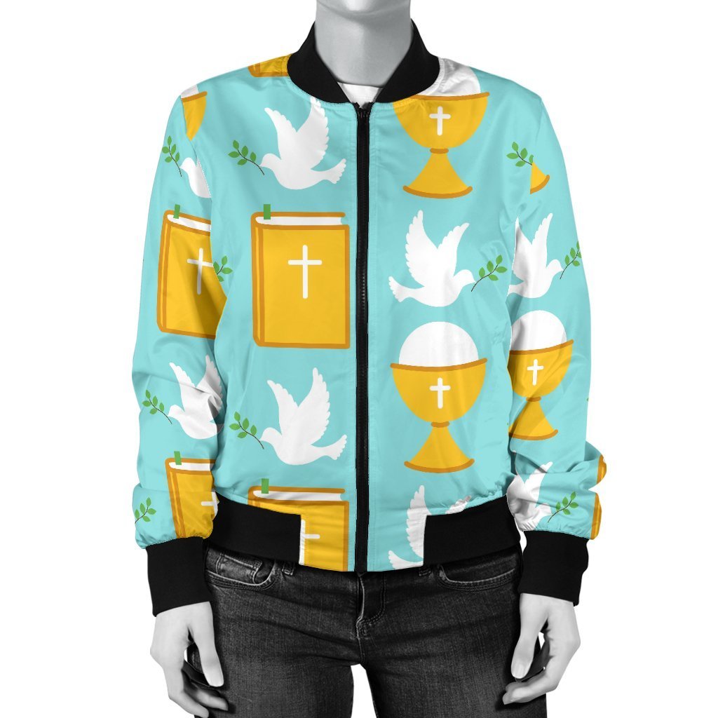 Christian Dove Pattern Print Women Casual Bomber Jacket-grizzshop