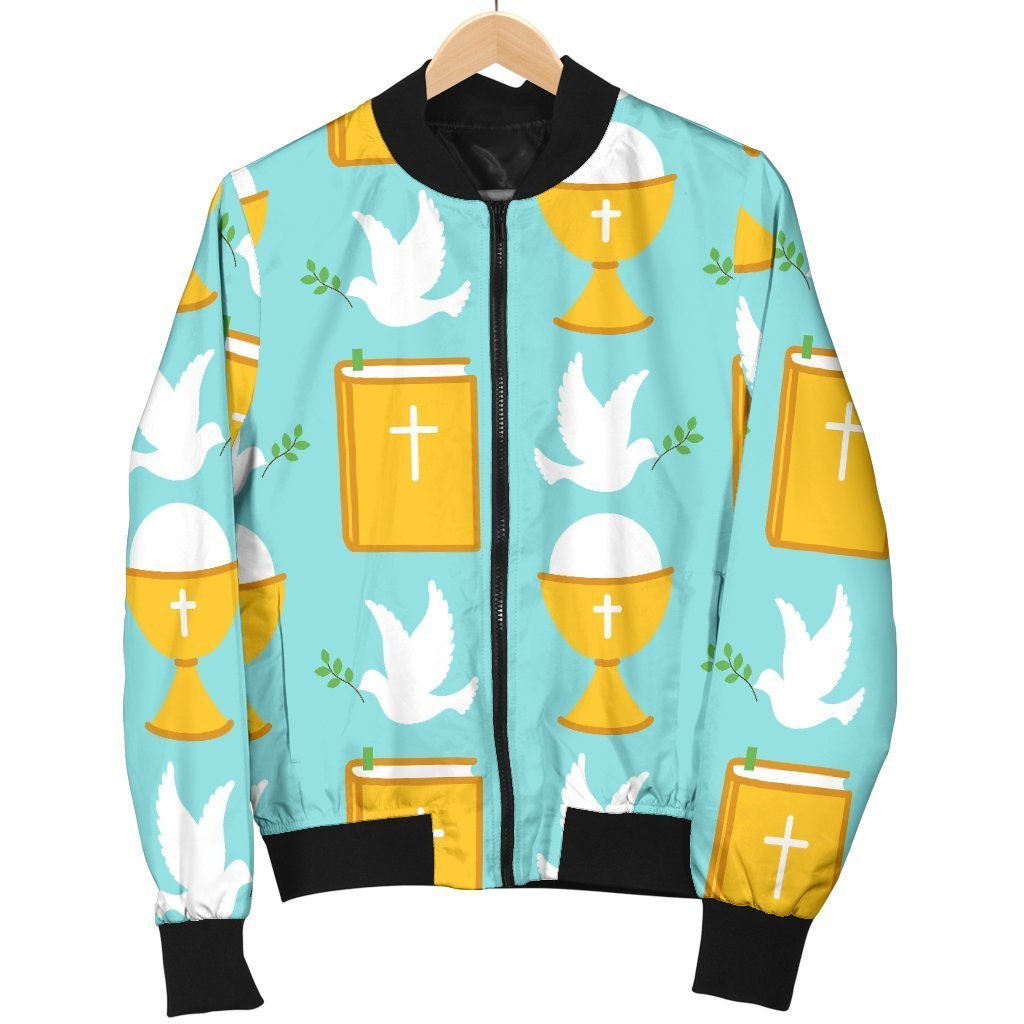 Christian Dove Pattern Print Women Casual Bomber Jacket-grizzshop