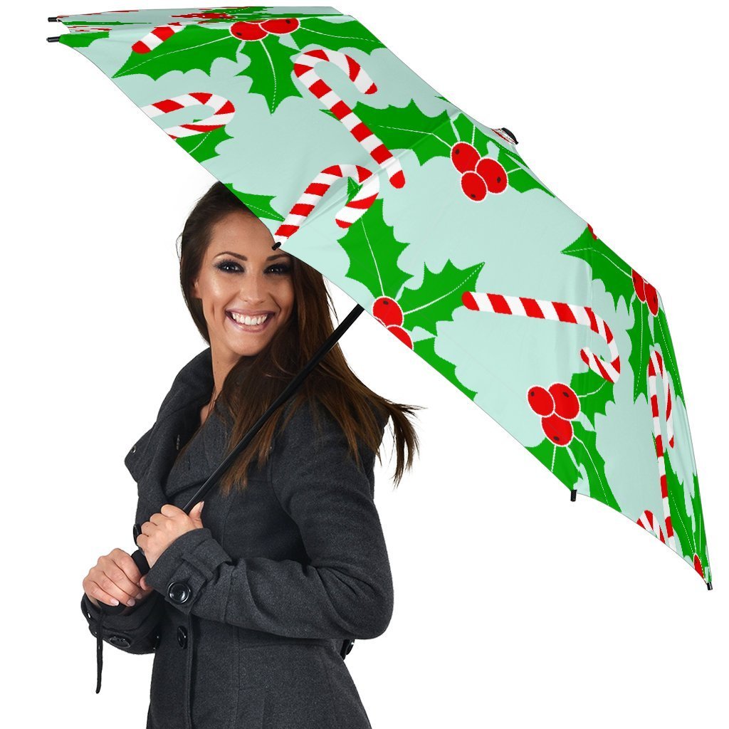 Christmas Candy Cane Pattern Print Automatic Foldable Umbrella-grizzshop
