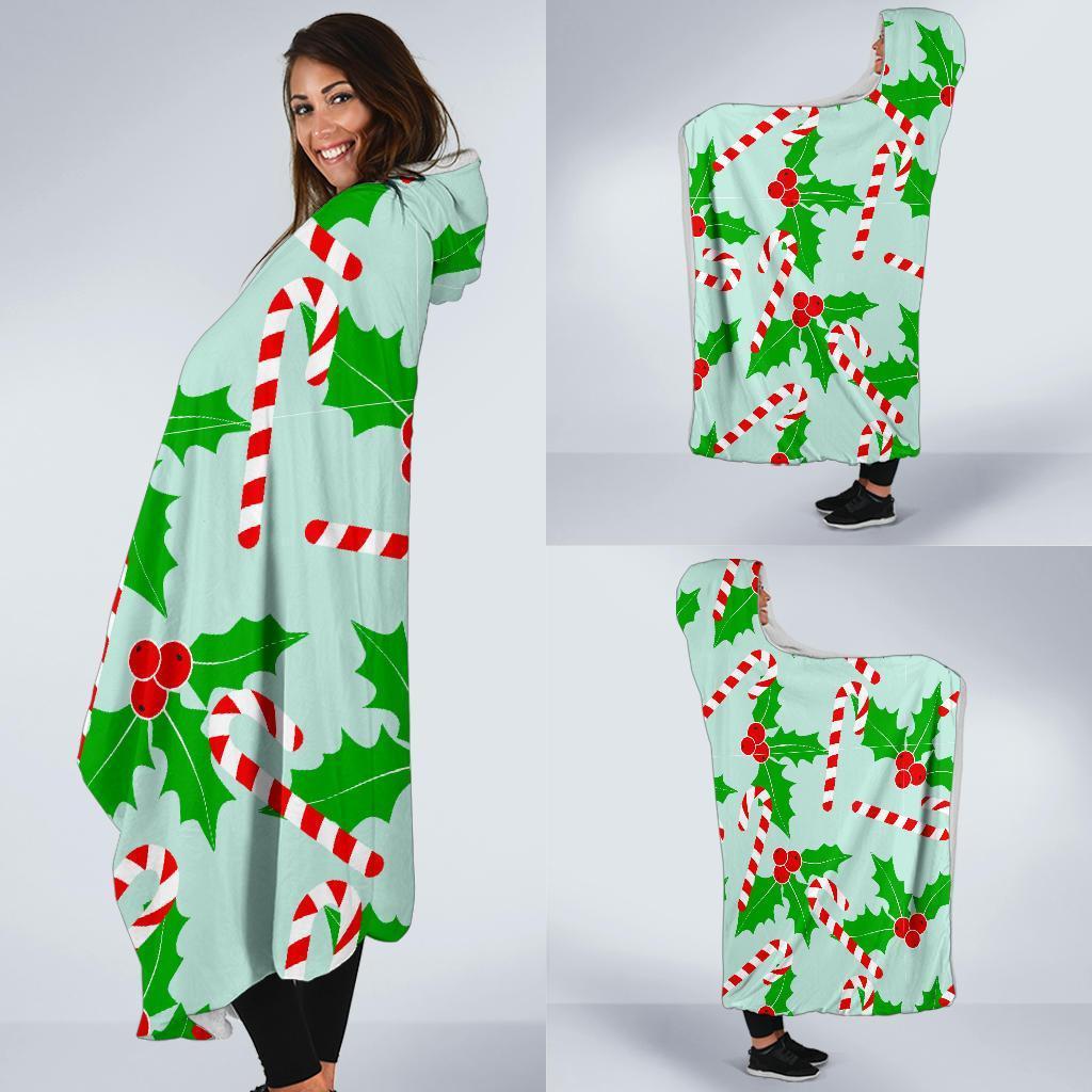 Christmas Candy Cane Pattern Print Hooded Blanket-grizzshop