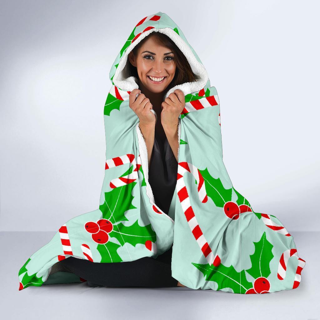 Christmas Candy Cane Pattern Print Hooded Blanket-grizzshop