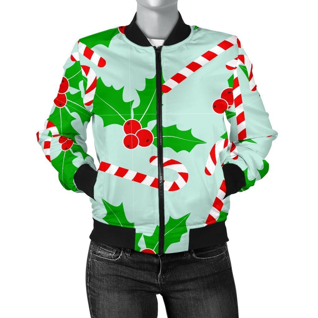 Christmas Candy Cane Pattern Print Women Casual Bomber Jacket-grizzshop