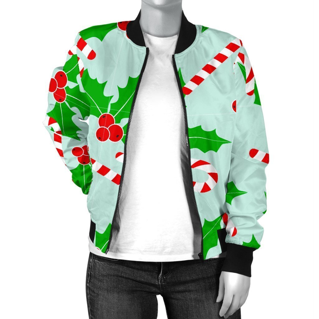 Christmas Candy Cane Pattern Print Women Casual Bomber Jacket-grizzshop