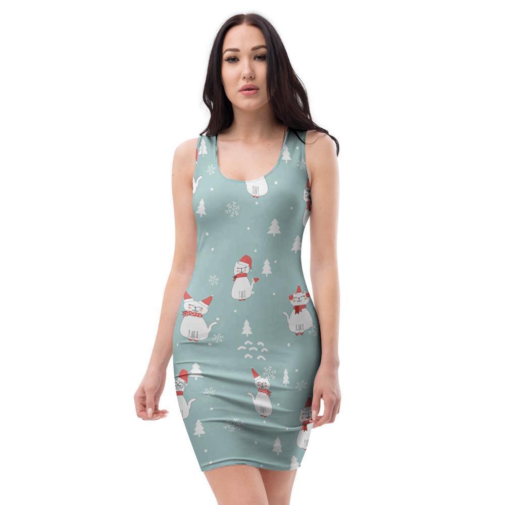 Christmas Cat Print Bodycon Dress-grizzshop