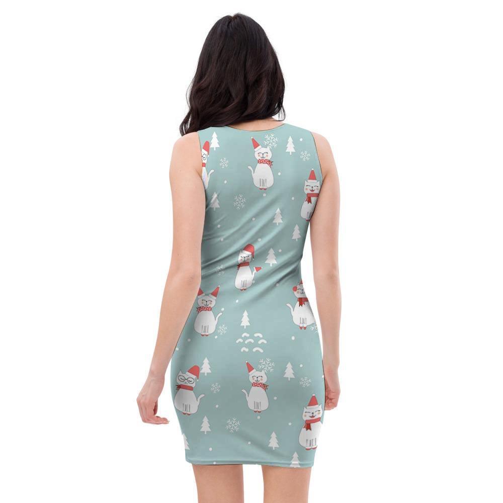 Christmas Cat Print Bodycon Dress-grizzshop