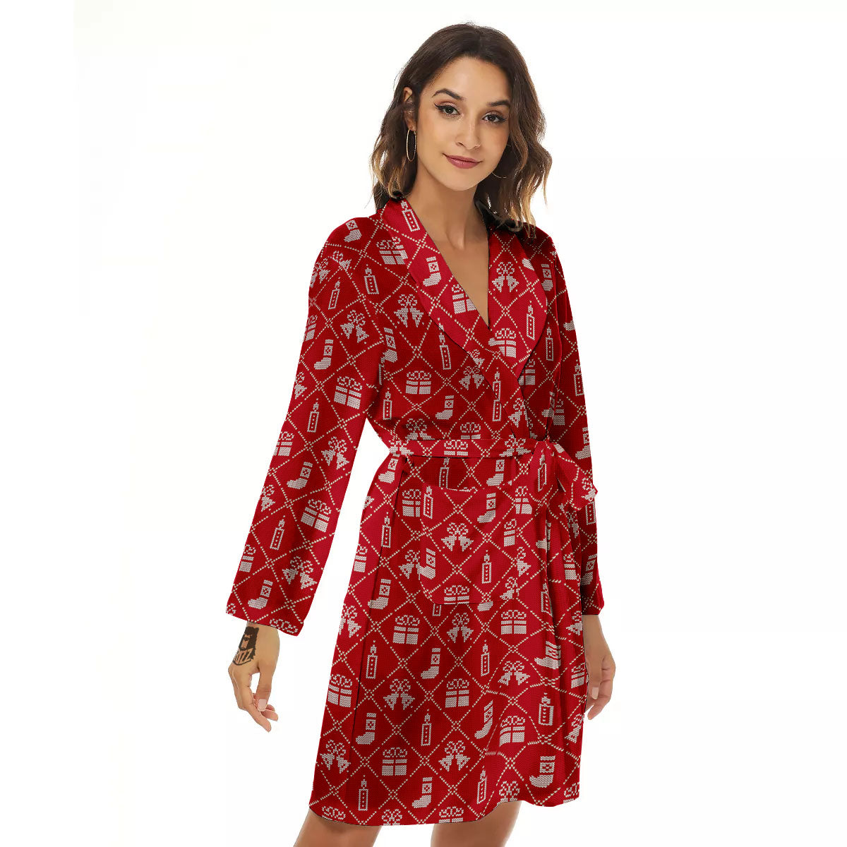 Christmas Gift Knitted Print Pattern Women's Robe-grizzshop