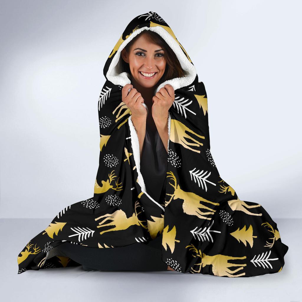 Christmas Tree Deer Pattern Print Hooded Blanket-grizzshop