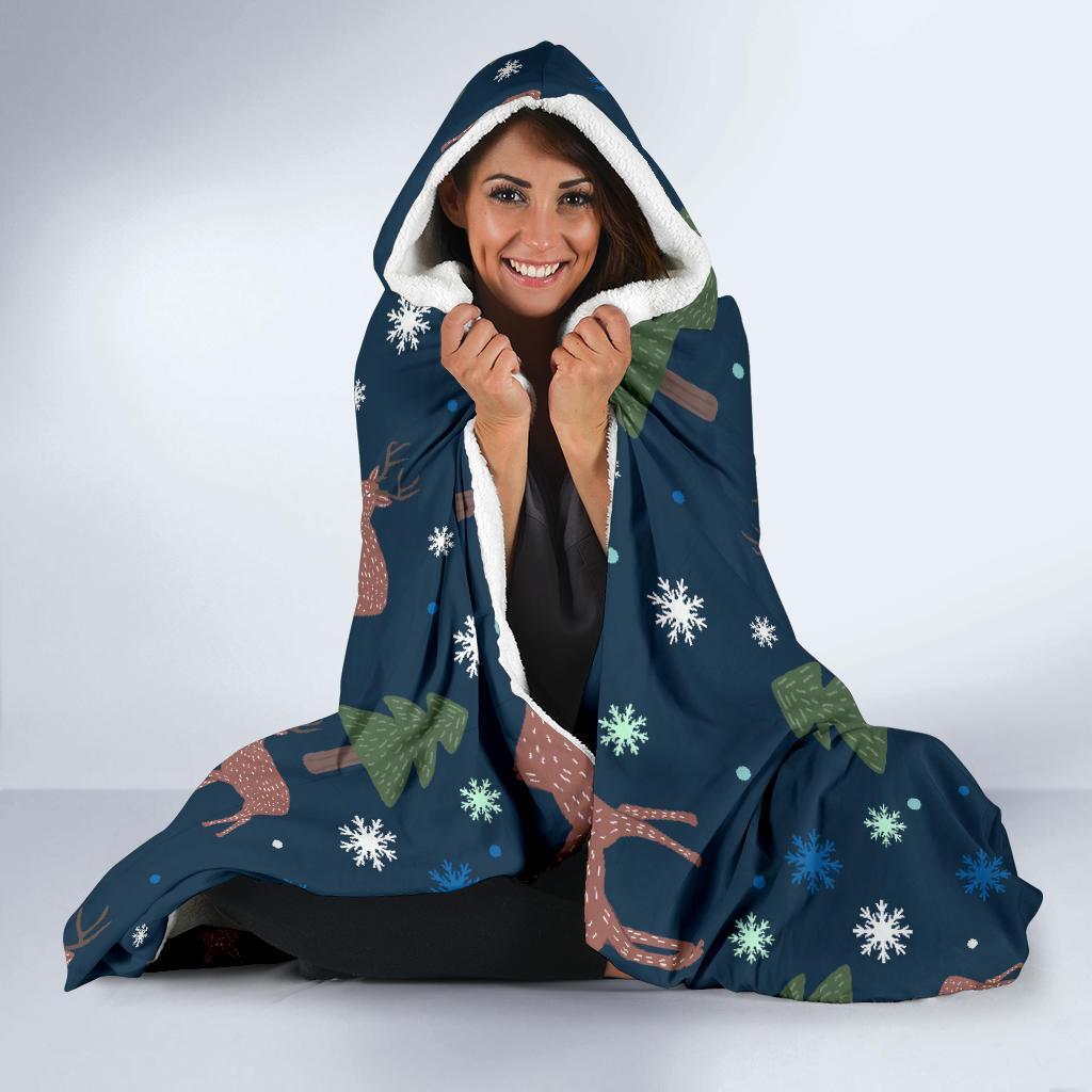 Christmas Tree Moose Pattern Print Hooded Blanket-grizzshop